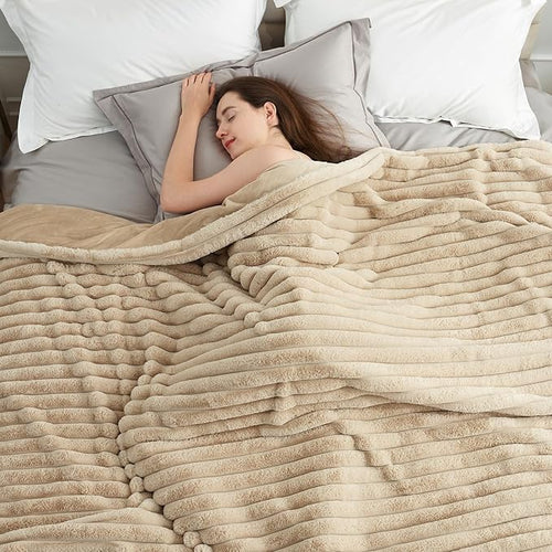 Amélie Home Faux Fur Throw Blanket for Couch, Cozy Fuzzy Fluffy Fur Luxurious Soft Striped Plush Gift Blankets for Family Sofa Chair, 60"x80", Beige