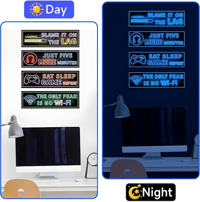 Eat Sleep Game Wall Decals Glow in The Dark, Gamer Controller Stickers Decor for Boy Bedroom, Joystick Video Gaming Kids Playroom Nursery Decoration (Blue)