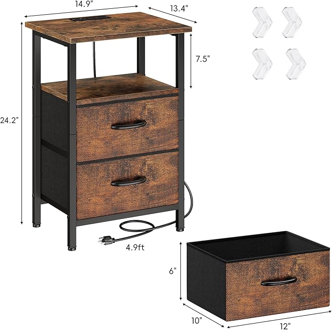 Vagusicc Nightstand with Charging Station, Small Night Stand with Fabric Drawers for Bedroom, End Table, Bedside Table with USB Ports & Outlet, 24.2" Tall Bed Side Table with Open Shelf, Rustic Brown