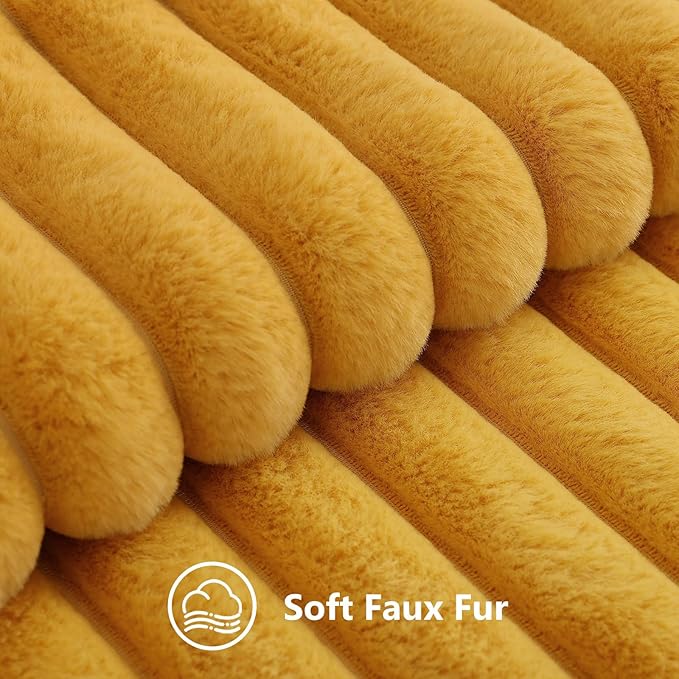 decorUhome Summer Cozy Faux Fur Throw Pillow Covers 24x24 Set of 2 Decorative Plush Striped Modern Farmhouse Boho Couch Euro Sham Pillow Cases with Velvet Back for Sofa Bed Living Room, Mustard Yellow