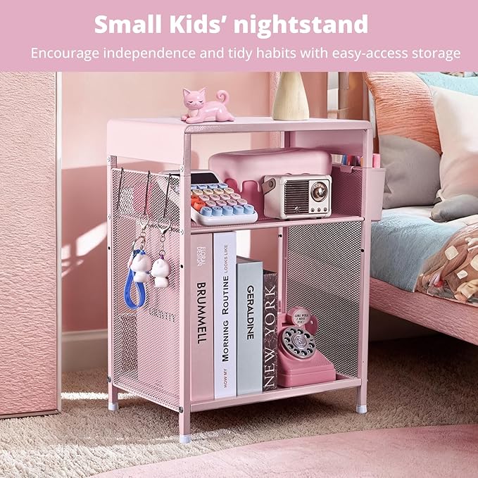 Kids Nightstand, 3-Tier Metal Side Table with Adjustable Storage Shelf, Basket & 3 S-Hooks, Small Bedside Table for Nursery, Toddler Bedroom and Small Spaces (Pink)