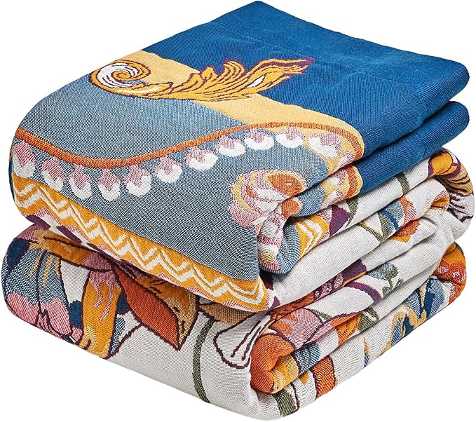 Boho Throw Blanket - 50"x60" 100% Cotton Ultra Soft Lightweight Spring Blanket, 4-Layer Breathable Muslin Blankets for Bed Couch, Reversible Yellow Floral Printed Bohemian Cotton Quilt