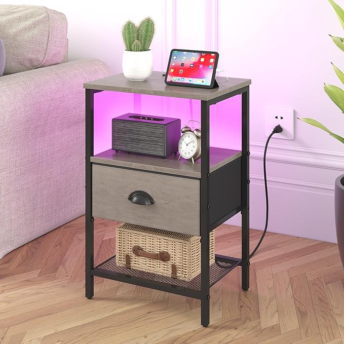 Nightstands Set of 2, LED Night Stands with Charging Station and Fabric Drawer, Bedside Tables with Drawers, 2- Tier LED Side Table End Table Charging Station Livingroom Bedroom, Grey