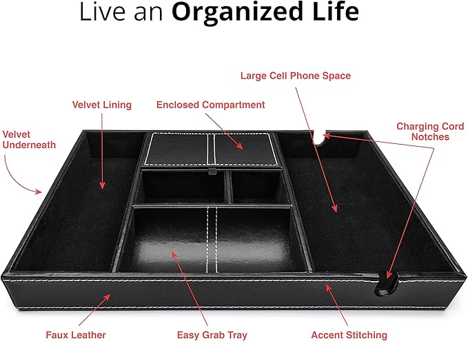 ULTRAY, Valet Tray for Men, Nightstand Organizer, Entry Table Organizer, Catch All, Black Faux Leather Box, 6 Compartments