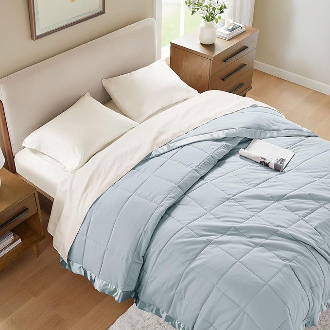 Madison Park Windom Down Alternative Blanket, Premium 3M Scotchgard Moisture Wicking Treatment, Lightweight and Soft Bed Cover For All Season, Satin Trim, Blue Full/Queen