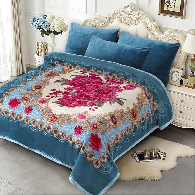 JYK Soft Fleece Bed Blanket King Size, 520GSM 5.7 Pounds - Korean Style 2 Ply Reversible Silky Cozy Plush Warm, Comfy Blanket Microfiber for Autumn, Winter - 83'' x 91'', Blue/Peony/Peony