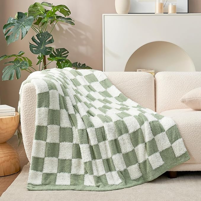 Snuggle Sac Sage Green Checkered Throw Blanket Faux Fur Knitted with Microfiber Yarn, Cozy Soft Warm Spring Blankets for Couch,Sofa,Bedroom,Sage Green Checker,50x60 inches