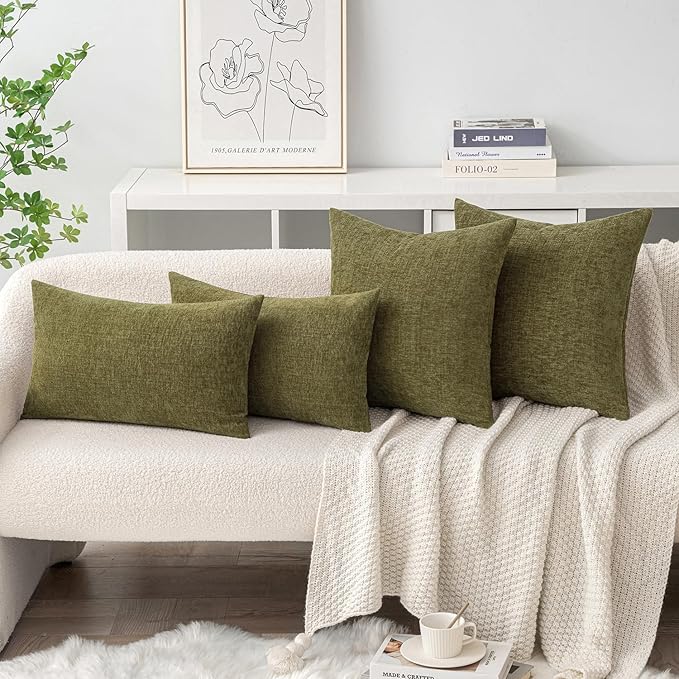 MIULEE Pack of 2 Couch Throw Pillow Covers 12x20 Inch Soft Olive Green Chenille Lumbar Pillow Covers for Sofa Living Room Solid Dyed Cases