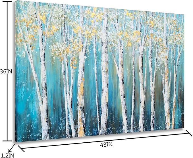 Yihui Arts Canvas Wall Art White Grey Birch Trees Branches Painting Gold Foil Leaves Pictures, Modern One Framed Large Size for Living Room Bedroom Home Office Decor