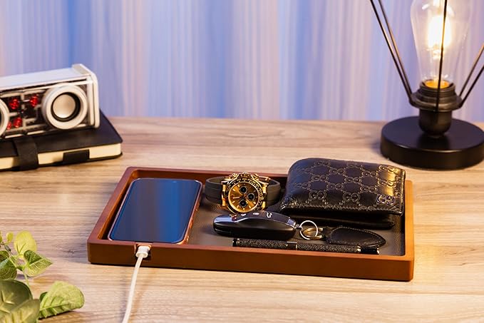 Shinpuru Wooden Valet Tray with Leather Inlay - Nightstand & Desk Organizer - EDC Essentials Catchall Tray for Keys, Phone, Wallet, Watch, Earbuds - Stylish Storage (Wood-Full)