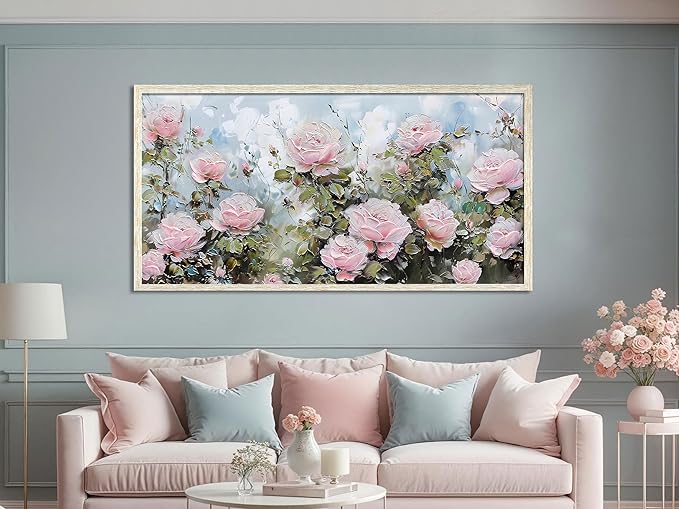 Ardemy Pink Rose Wall Art Canvas for Living Room, Flower Painting Modern Textured Floral Bedroom Picture Artwork Framed Home Office Kitchen Decor Large 48"x24"