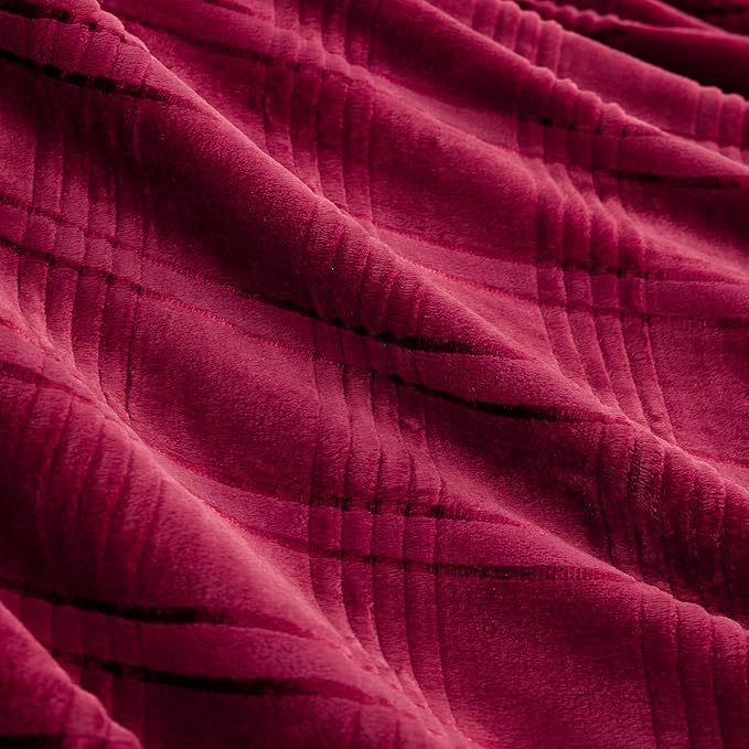 Super Soft Flannel Queen Blanket 90x90 Inches, Premium Checkered Jacquaed Silky Fleece Lightweight Bed Blanket All Season Use, Burgundy Strip, 90"x90"