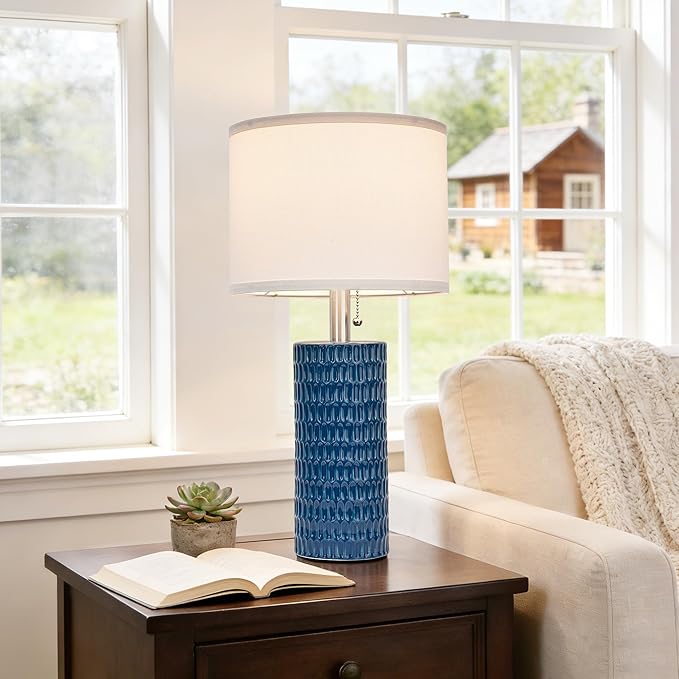 Table Lamps for Living Room Set of 2, Ceramic Table Lamps for Bedroom, 20" Modern Lamps for Night Stands, Blue