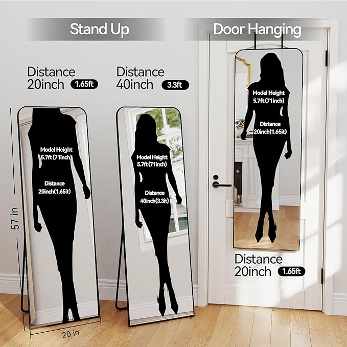 57x20 Door Hanging Full Length Mirror, Floor (Height 5.7ft just Body in 1.3ft) or Wall Mounted Metal Frame Rectangle Dressing Mirrors for Bedroom Bathroom Living Room 57 inch Black