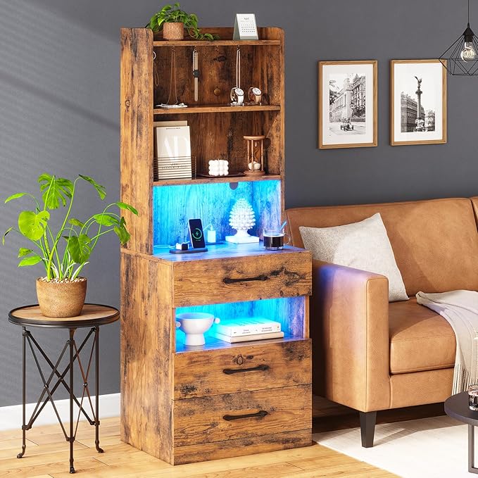 AOGLLATI Tall Night Stand Set of 2, Nightstand with Charging Station and LED Lights, Rustic Brown Bedside Table with Bookshelf, 3 Drawers and Open Shelves, Modern End Side Table for Bedroom