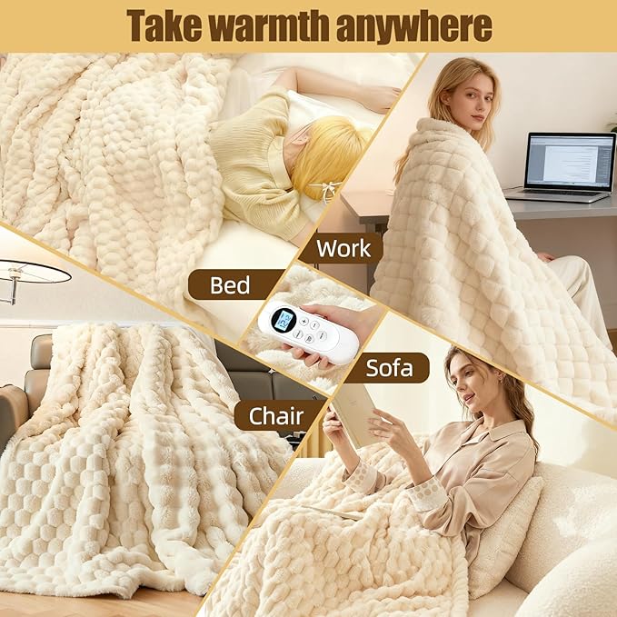 Heated Blanket Throw 50" x 60" Soft Ribbed Faux Fur Flannel Fast Heating 12 Heat Levels 1–12H Timer & Overheat Protection & Auto Shut-Off & ETL FCC & Machine Washable Heated Throw