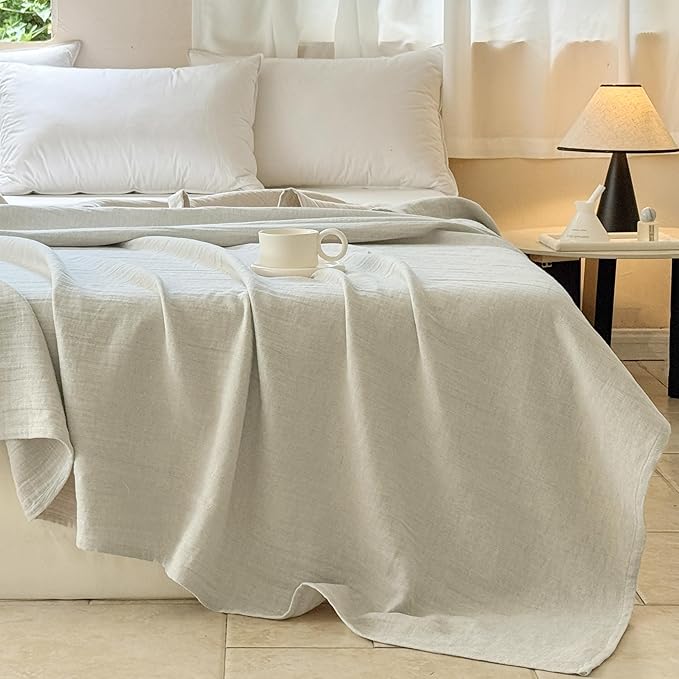 Simple&Opulence Linen Cotton Blanket with Double Layered Folded Edge for Couch/Bed/Sofa/Gift, Natural Flax Solid Color Soft Breathable Cozy Farmhouse Home Décor - Linen, 104"x90"