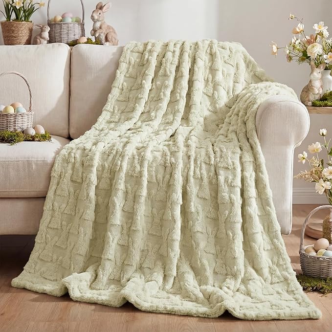 Horaldaily Easter Solid Blanket Throw, Beige Rabbits Soft Fuzzy Plush Faux Fur Cozy Blankets for Couch Sofa Bed Lounging, Ideal Gifts for Kids Adults Wife Self, 50x60