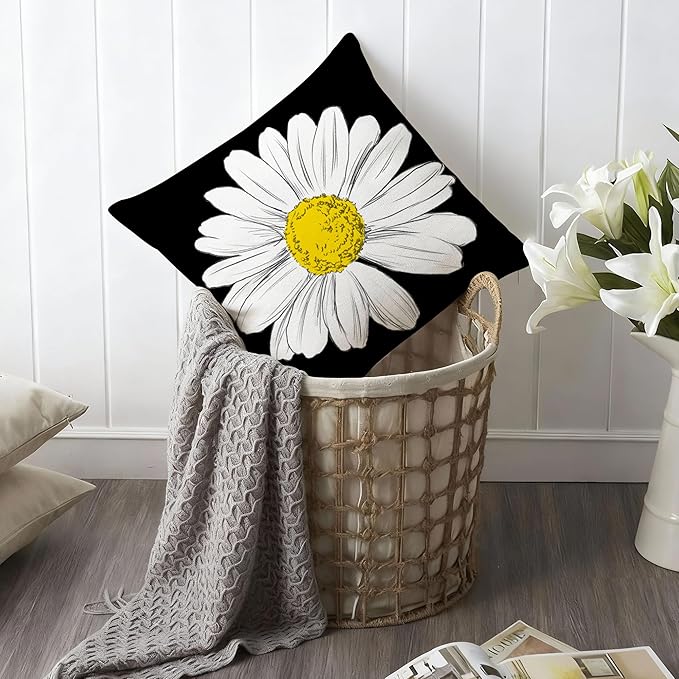 Hexagram Spring Summer Pillow Covers 18x18 Set of 4, Outdoor Floral Daisy Decorative Black Throw Pillow Covers, You are My Sunshine Farmhouse Cushion Case for Couch Sofa Indoor Home Decor(No Insert)