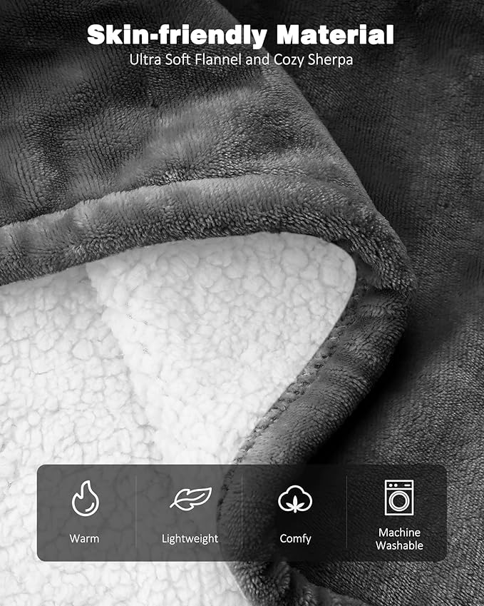 Heated Blanket Throw w/ 2 Wearable Buttons, Soft Flannel & Warm Sherpa Electric Blanket Fast Heating with 9 Heat Levels, 10 Time Settings, Over-Heat Protection, ETL Certified, 50"x60", Grey