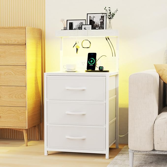 Night Stand with Charging Station Set of 2, LED Nightstand Bedside Table with USB Ports and Outlets, 3 Fabric Drawer End Side Table Dresser for Bedroom with Storage Shelf and 2 Hooks, White