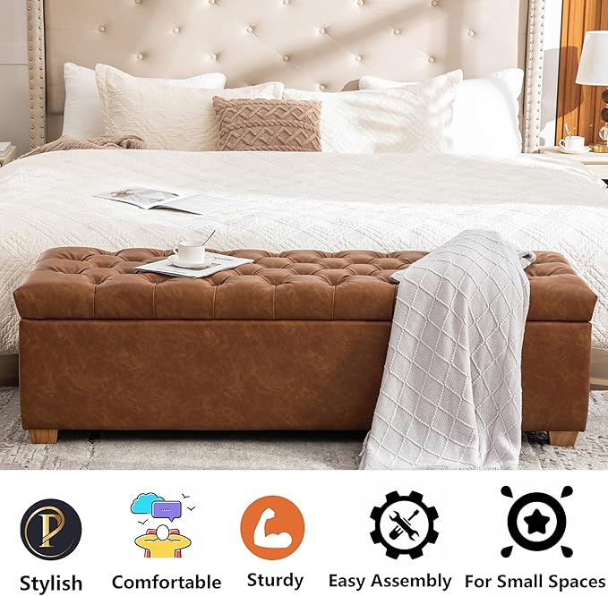 60.2" Storage Ottoman Bench for Bedroom Bed End,Brown PU Leather Bench with Seating,Button Tufted Ottomans with Storage for Living Room,Bedside,Entryway (Brown, 60.2")