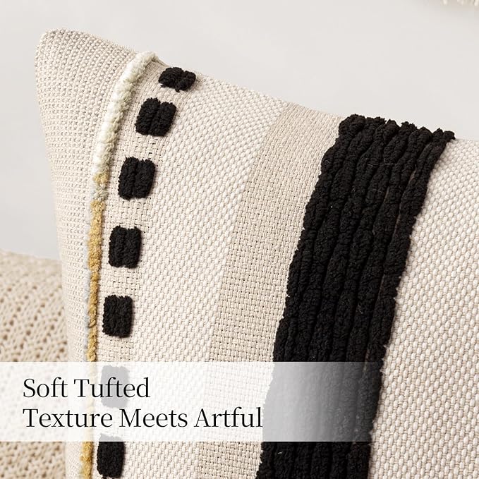 ANRODUO Pack of 2 Boho Decorative Throw Pillow Covers 20x20 Farmhouse Cushion Case Striped Chenille Pillow Cases Square Pillow Covers Accent Neutral Pillowcase for Sofa Couch Bed, Black Stripe