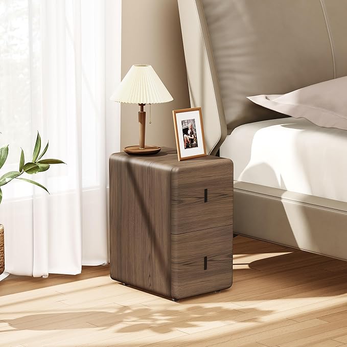 VICITON Narrow Nightstand with Drawers, Faux Leather Bedside Table, Solid Wood Drawer, Small Side Table for Bedroom (Leather Grey Poplar, 11.8" x 15.7" x 19.7")