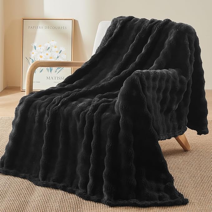 NEWCOSPLAY Throw Blanket for Couch Black Super Soft Flannel Fleece 3D Bubble Lightweight Bed Blanket All Season Use (Black, Throw(50"x60"))
