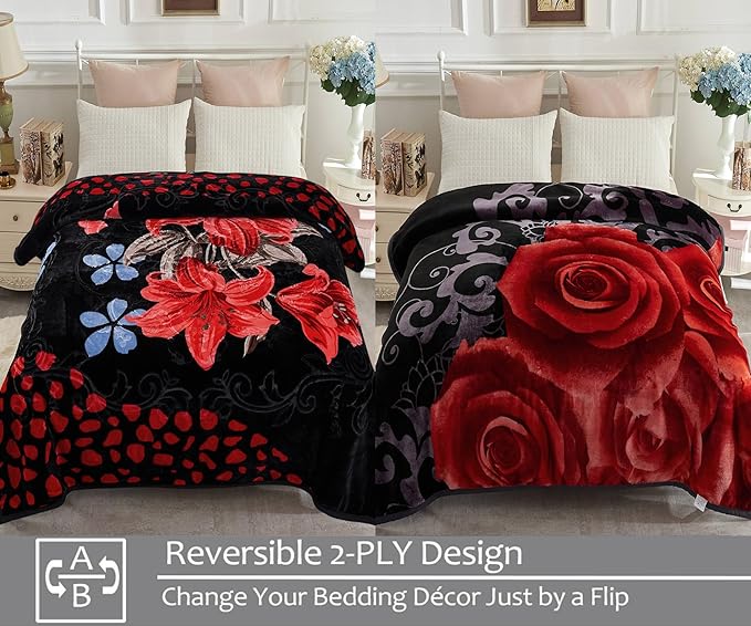 JYK Korean Faux Mink Fleece Blanket 83" X 91", 5.7 LB - 2 Ply Reversible Soft Warm Plush Flannel Blanket, A&B Pattern Printed Embossed Microfiber Blanket for All Seasons, (Roses & Lilies Black, King)