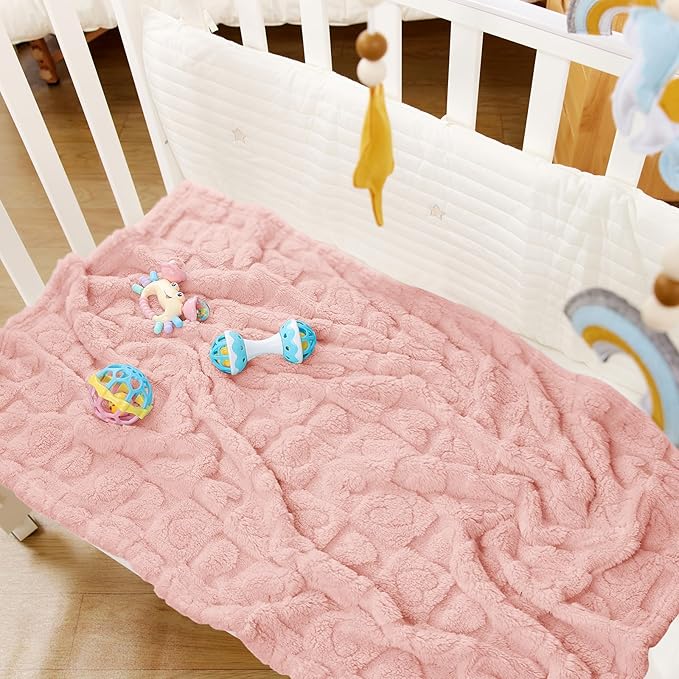 4 Pcs Baby Blankets,Fleece Heart Checkered Blanket, Fluffy Crib Blankets for Girls, Toddler Newborn Receiving Blankets 30×40 Light Pink