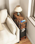 Small Narrow Side Table with Charging Station, Skinny End Table with Fabric Basket, Slim Nightstand for Small Spaces, Sofa Side Table, for Living Room, Bedroom, Rustic Brown and Black TBZ07UBF