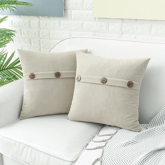 HWY 50 Cream White Chenille Throw Pillow Covers 16x16 Inch with Triple Buttons, Soft Farmhouse Accent Decorative Cushion Cases for Couch Sofa Bed Bedroom Pack of 2