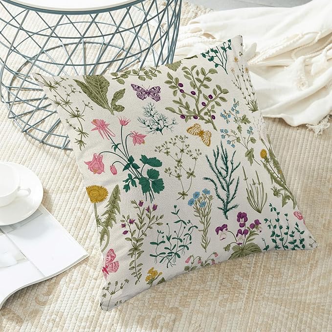 AEIOAE Spring Pillow Covers 18x18 Inch Set of 2,Sage Green Teal Wild Flower Plant Throw Pillows Case,Seasonal Floral Outdoor Decorative Linen Farmhouse Decor Cushion Covers for Home Sofa Bed Couch