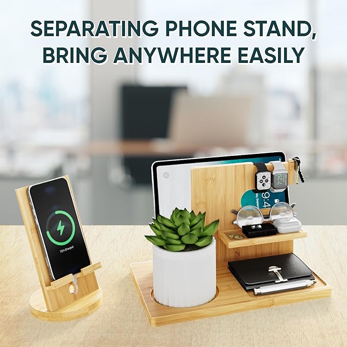 Semiocthome Wood Phone Docking Station with Separate Phone Stand, Bedside Organiser Desk Organiser Presents for Him or Her Anniversary, Birthday Presents for Men Dad Husband Boyfriend Son - Beige