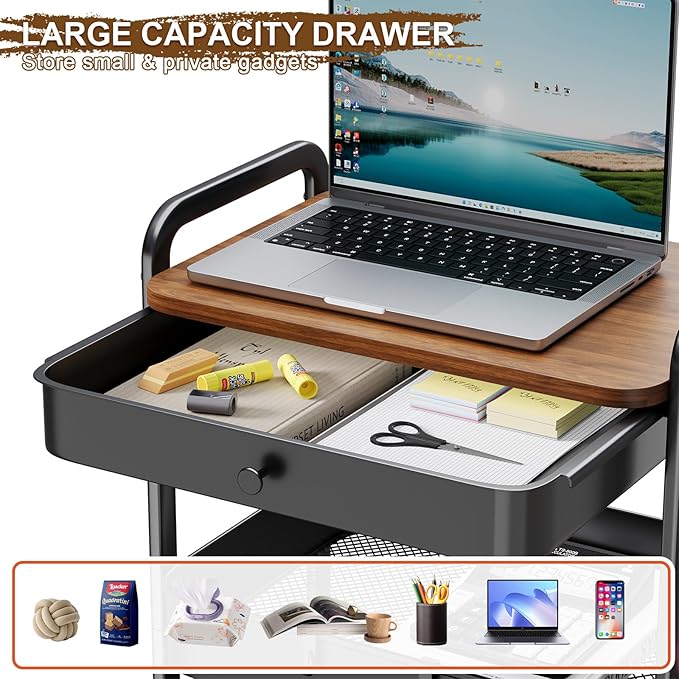 3 Tier Metal Rolling Cart with Wooden Table Top and Drawers, Black Utility Storage Cart on Wheels, Three Tiered Art Carts Organizer for Craft, Baby Diaper Caddy, Snack, Laundry, Dorm, Bedside,Bathroom