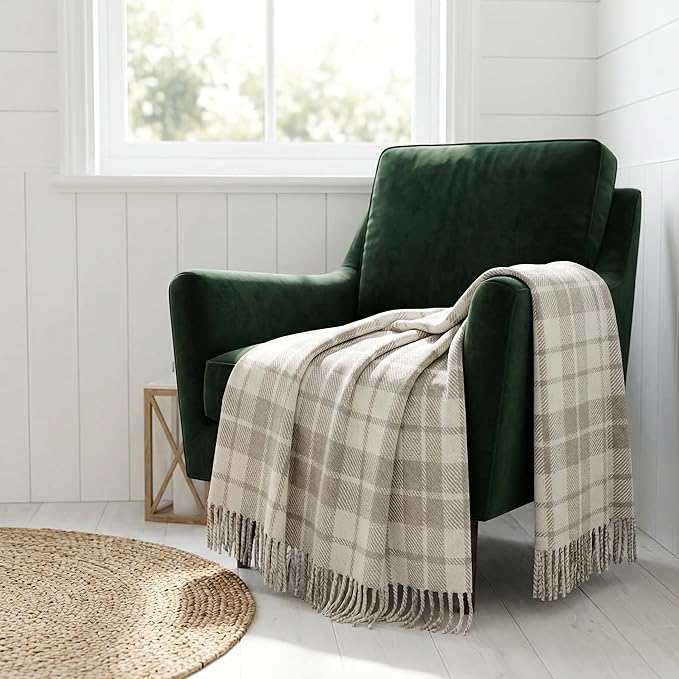Americanflat 50x60 Throw Blanket - Soft and Breathable Cotton Throw Blanket for Couch, Bed, Chair - Decorative Blankets Perfect for Home, Office, or Outdoor Use - Cream and Beige Plaid Design
