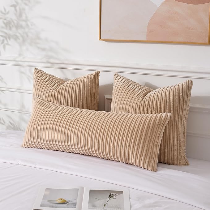 UGASA 14x36 Inch Pillow Cover Pack of 1 Soft Boho Stripe Corduroy Large Long Rectangular Lumbar Cushion Cover Farmhouse Decorative Throw Pillowcase for Bed, Couch, Sofa, Bedroom, Living Room, Beige
