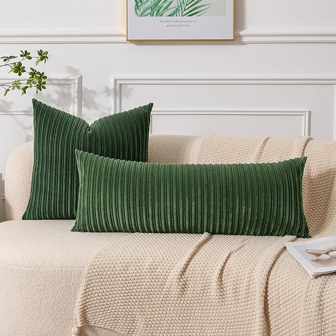 UGASA 14x36 Inch Pillow Cover Pack of 1 Soft Boho Stripe Corduroy Large Long Rectangular Lumbar Cushion Cover Farmhouse Decorative Throw Pillowcase for Bed Couch Sofa Bedroom Living Room, Moss Green