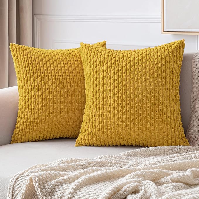 MIULEE Pack of 2 Decorative Throw Pillow Covers 18x18 Inch Soft Boho Striped Textured Corduroy Pillow Covers Modern Farmhouse Home Decor for Couch Bed Sofa Living Room Mustard Yellow