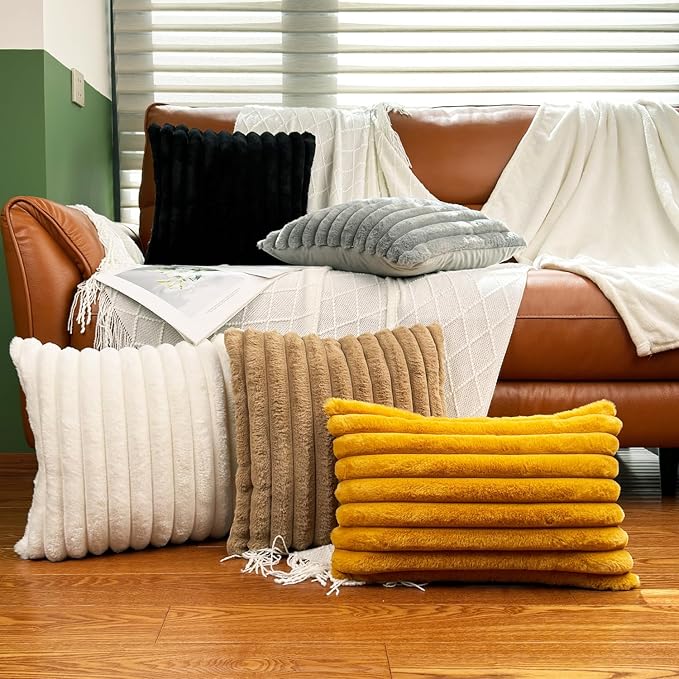 24x24 Pillow Covers, Decorative Faux Fur Throw Pillow Covers for Couch, Sofa Soft Fluffy Pillow Cover with Velvet Back for Living Room, Neutral Home Décor Accent for Bed - Cream White