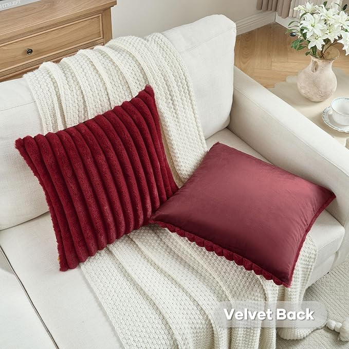 FUTEI Burgundy Decorative Throw Pillow Covers Set of 2, 26x26 Inch Soft Fluffy Faux Fur Plush Striped Euro Pillow Shams, Modern Home Decor for Couch Bed Living Room