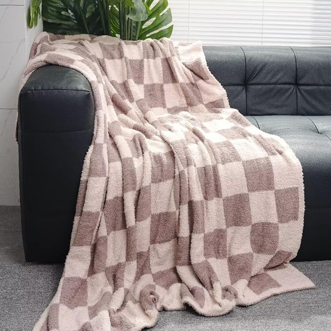 Soft Checkered Throw Blanket, Ultra Cozy Knit Throw Blanket Fluffy Fuzzy Reversible Checkerboard Blanket for Travel Couch Sofa Bed Decor, 51x63 inches, Khaki Cream