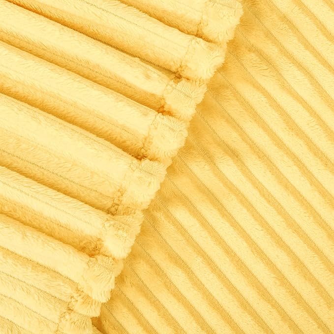 Vessia Flannel Fleece Queen Blanket for Queen Bed, 300GSM Striped 90x90 inch Light Yellow Blanket for Adults and Kids, Super Soft Warm Cozy Lightweight Ribbed Pale Yellow Decor for All-Season