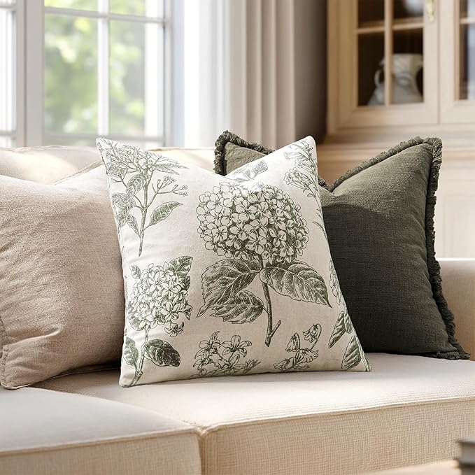 Set of 2 Decorative Floral Neutral Pillow Covers 18x18 Inch Light Green Hydrangea Print Spring Boho Vintage Throw Cushion Covers for Sofa Couch Porch Bedroom Living Room Summer Home Decor