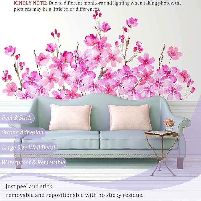 Cherry Blossom Flowers Wall Decals Peel and Stick, Large Floral Vinyl Wall Stickers, Removable Vine Home Decor Art for Bedroom Living Room Classroom Office
