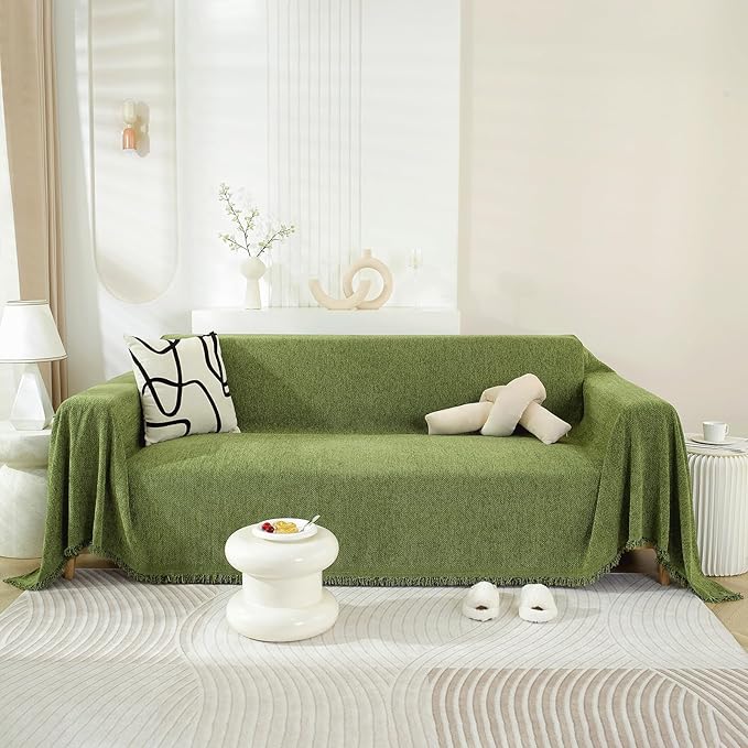 HANDONTIME Olive Green Sofa Cover - Pet Protector, Cushion Cover for 3 Cushion Couch 71" X150" - Chenille Herringbone Sectional Couch Cover