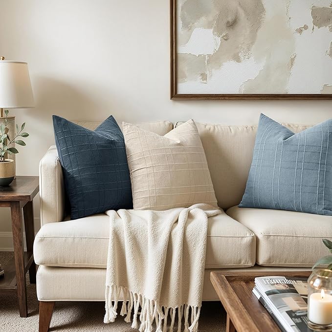 MIULEE Decorative Linen Check Throw Pillow Covers Neutral Farmhouse Vintage Pillow Covers 18x18 Set of 2 Boho Modern Home Decor for Sofa Couch Bedroom Cushion Deep Blue