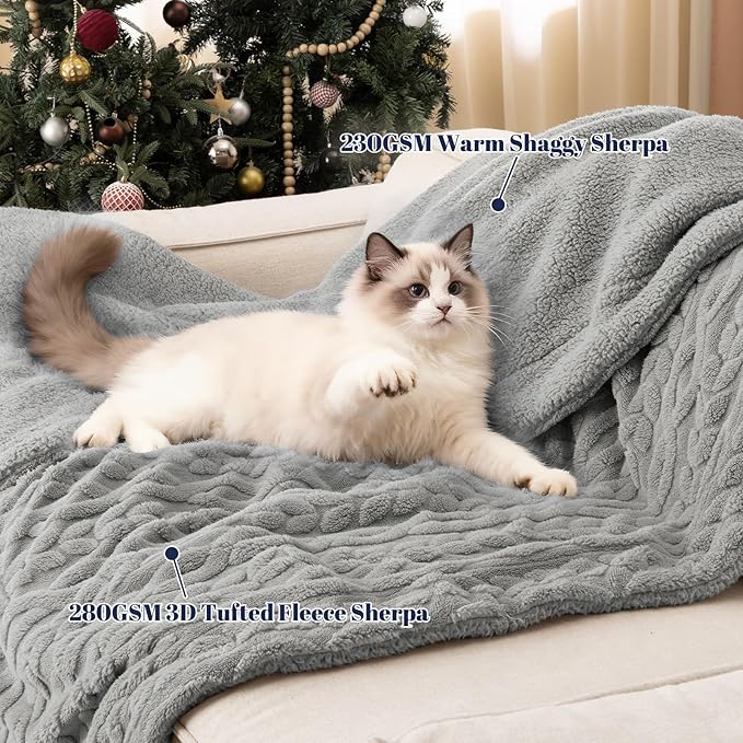 PHF Fluffy Sherpa Blanket Queen Size for Winter, Warm and Soft, 510GSM 3D Jacquard Thick Shaggy Fleece Plush Blanket for Sofa Bed, Grey, 90"x90"