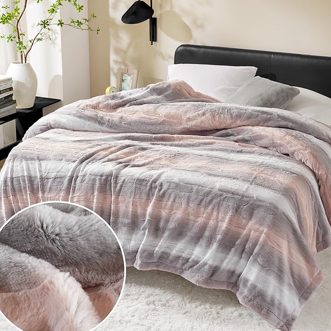 Madison Park Queen Size Blanket Ultra-Soft Poly Fur Queen Size, Reversible Plush, All Season & Lightweight Queen Fuzzy Blanket for Bed, Couch & Sofa, Zuri, Full/Queen Blush/Grey